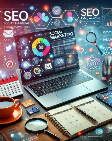 DALL·E 2024-12-04 13.53.15 - A creative and professional digital marketing setup featuring a laptop displaying a social media marketing dashboard, surrounded by elements like a ca