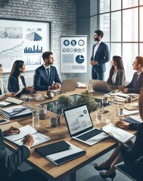 DALL·E 2024-12-04 13.56.49 - A professional corporate setting showcasing a business consulting service. The scene includes a meeting table with laptops, notebooks, and documents,