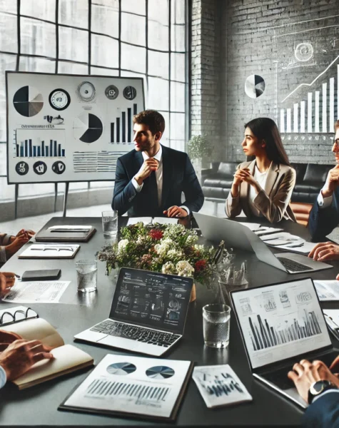 DALL·E 2024-12-04 13.56.50 - A professional corporate setting showcasing a business consulting service. The scene includes a meeting table with laptops, notebooks, and documents,