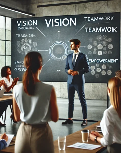 DALL·E 2024-12-04 14.03.40 - A professional leadership scene showing a team leader in a business setting, standing confidently in front of a group during a presentation. The envir