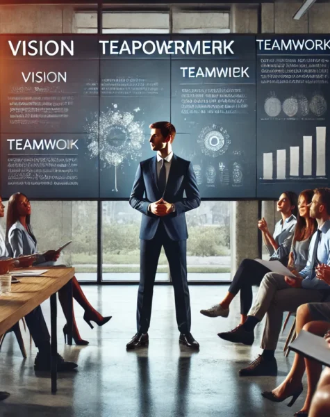 DALL·E 2024-12-04 14.03.41 - A professional leadership scene showing a team leader in a business setting, standing confidently in front of a group during a presentation. The envir