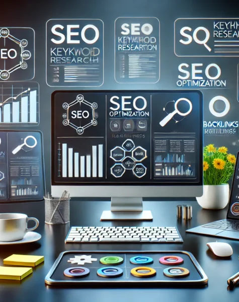 DALL·E 2024-12-04 14.08.09 - A professional SEO optimization workspace featuring multiple monitors displaying keyword research tools, analytics graphs, and ranking progress. The s