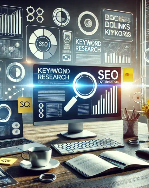 DALL·E 2024-12-04 14.08.11 - A professional SEO optimization workspace featuring multiple monitors displaying keyword research tools, analytics graphs, and ranking progress. The s