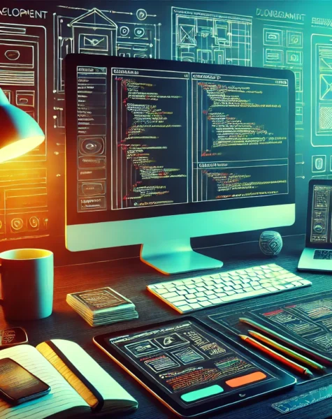 DALL·E 2024-12-04 14.12.06 - A modern and vibrant workspace showcasing web development services. The scene features a computer screen displaying lines of code alongside a tablet s