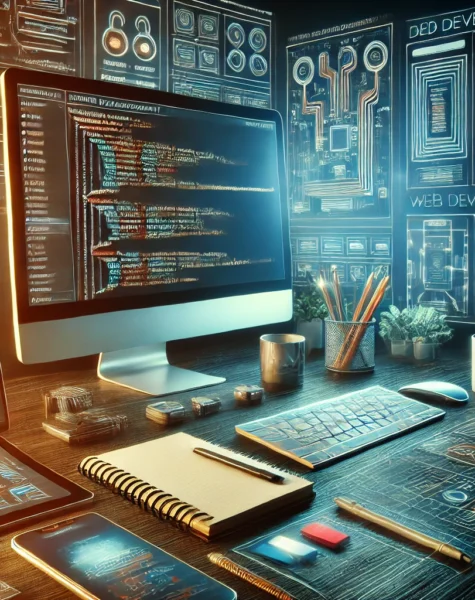 DALL·E 2024-12-04 14.12.07 - A modern and vibrant workspace showcasing web development services. The scene features a computer screen displaying lines of code alongside a tablet s