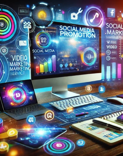 DALL·E 2024-12-04 14.14.57 - A dynamic and colorful workspace showcasing media promotion services. The scene includes a computer screen displaying a social media marketing dashboa