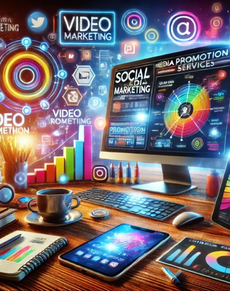 DALL·E 2024-12-04 14.14.59 - A dynamic and colorful workspace showcasing media promotion services. The scene includes a computer screen displaying a social media marketing dashboa