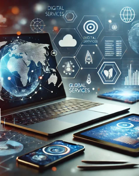 DALL·E 2024-12-04 14.38.58 - A creative and sleek representation of digital services. The scene features a laptop displaying a digital marketing campaign, a tablet showing a cloud