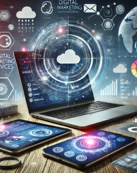 DALL·E 2024-12-04 14.38.59 - A creative and sleek representation of digital services. The scene features a laptop displaying a digital marketing campaign, a tablet showing a cloud